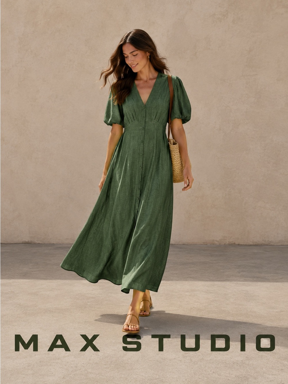 Max Studio Olive V-Neck Button-Front Puff Sleeve Maxi Dress